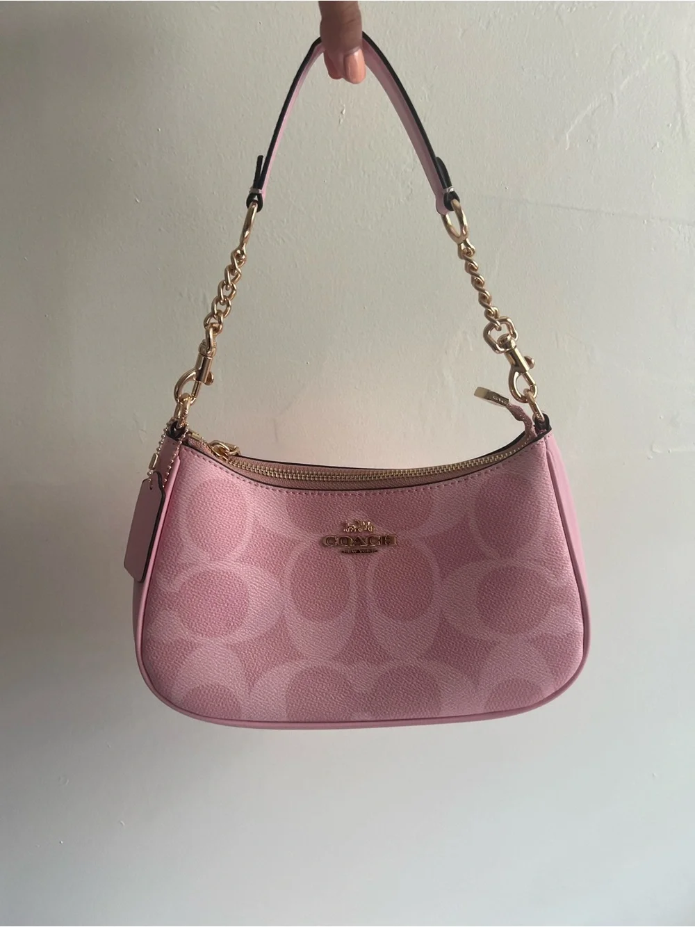 Coach Pink Signature Canvas Chain-Trim Shoulder Bag